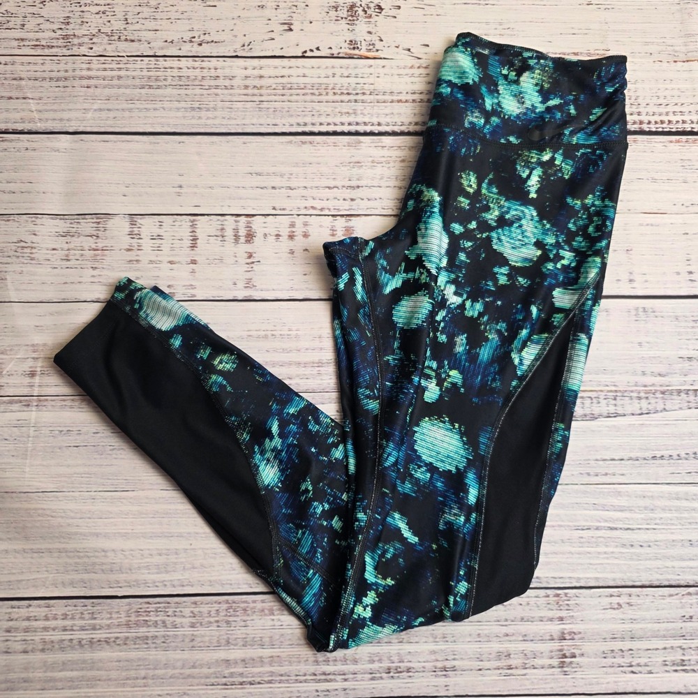Nike Dri-FIT Power Training‎ Leggings Medium Blue Green Digital Print Mesh Panel